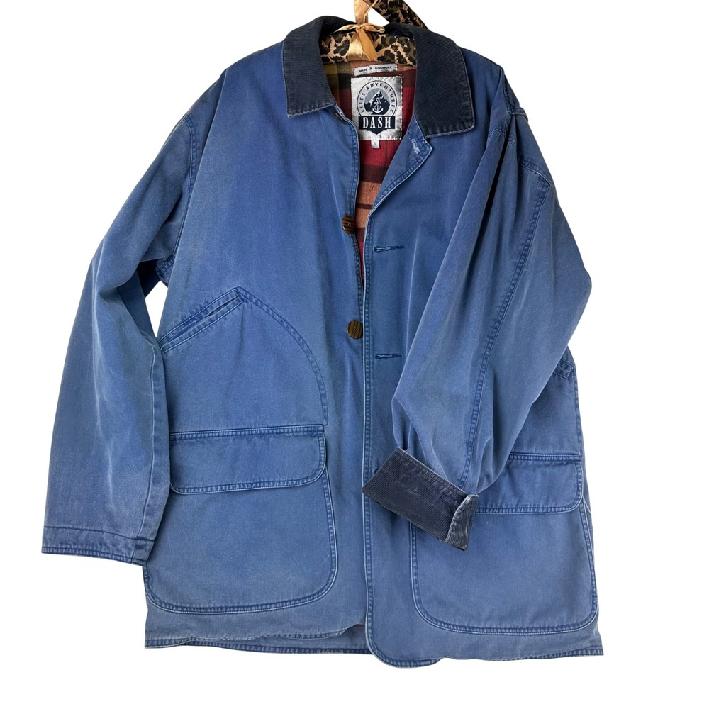 Dash Barn Jacket Mens Chore Coat Relaxed S Blue Corduroy Plaid Lined Cotton VTG